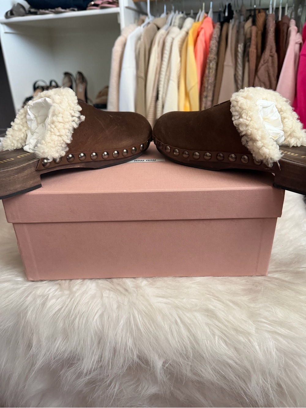 Miu Miu Brown Suede Shearling-Trim Slip-On Clogs - Picture 5 of 7